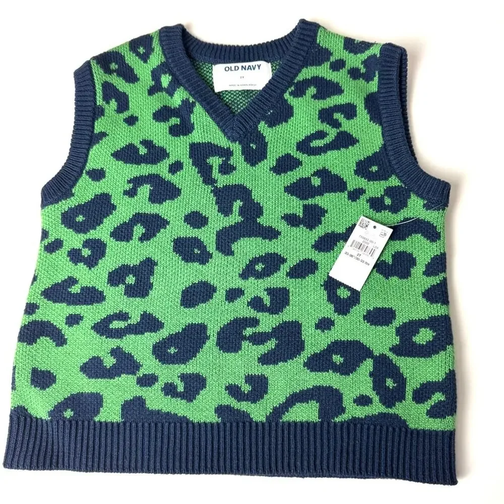 Old Navy Green and Blue Leopard Print Sleeveless V Front Sweater Vest   Sz 2T